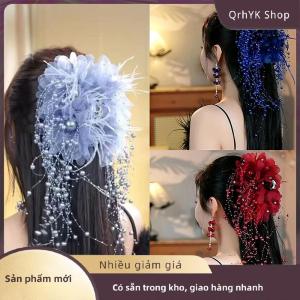 Hàng có sẵn✨ Phụ Nữ Sang Trọng Lưới Hoa Ngọc Trai Tua Tóc Clip Nữ Fluffy Cá Mập Móng Vuốt Tóc Phụ Kiện Tóc Mũ