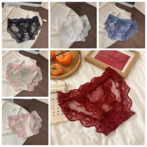 4Pcs Breathable Transparent Lace Mesh Panties Cotton Crotch Mid Waist Seamless Briefs Underpants Underwear for Women Lady