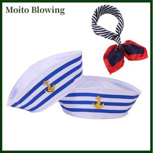 Moito Women Small Square Scarf Sailor Cap Set Stewardess Striped Patchwork Satin Scarf With Carnival Christmas Striped Navy Sailor Cap