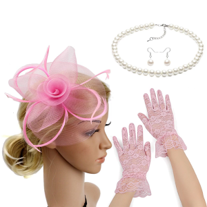 Lông tôn tạo mũ nón fascinator hat Bộ găng tay cho phụ nữ trà Đảng với ngọc trai giả Vòng cổ và bông tai