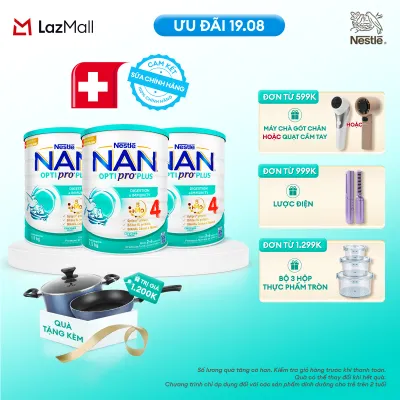 [CHỈ 19.08 QT ĐƠN 599K/999K/1299K] [Tặng Set Nồi Chảo Elmich] Bộ 3 lon Sữa Bột Nestlé NAN OPTIPRO PLUS 4 1500g Cho Bé 2 - 6 Tuổi: Công Thức Độc Quyền Nhập Khẩu Từ Thụy Sỹ Chứa Phức Hợp 5-HMO