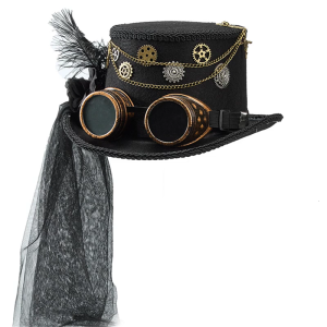 Gothic Lace Veil Tall Hat With Goggles and Metal Chain Gear Design Soft Wool Top Hat For Renaissances Fairs and Concerts