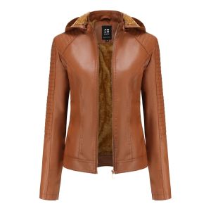 WuChu 2024 Womens Leather Jacket Winter Coats Female Clothing Autumn Hooded Fleece Warm Leather Outwear With Side Pocket