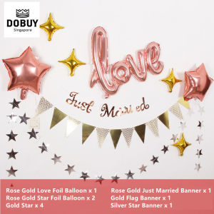 🔥SG LOCAL STOCK🔥Rose Gold Just Married Decoration Set Love Foil Balloon Star Foil Balloon Flag Banner Star Banner
