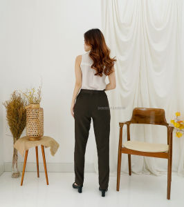 Celana Dibihi Kerja Wanita Formal Kantor Bahan Panjang Pinggang Karet Import