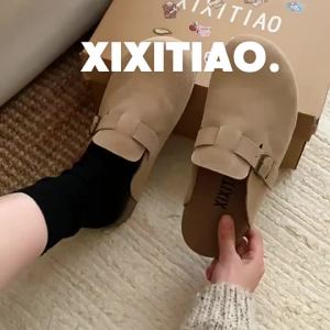 XIXITIAO Womens Casual Genuine Leather Lazy Outdoor Vintage Half Slippers Spring Summer Closed-Toe Fashion Soft Sole Slip-On Shoes