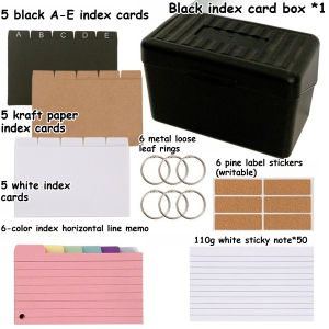 Index Card Holder Set with 230Notes Index Card 6Rings Stickers Plastic Storage Box Office School