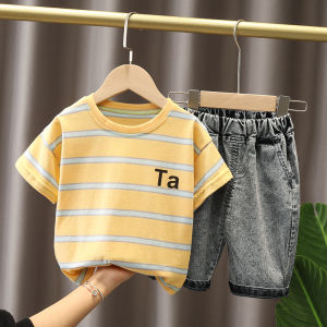 Anak anak Anak laki laki Kaos bergaris monogram Celana pendek denim Kapas Baju Katun Pakaian Setelan