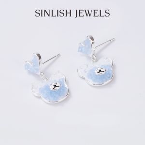 SINLISH Blue Gradient Bear Earrings Cartoon Baby Crystal Design Fashion Zircon Jewelry (one pair)