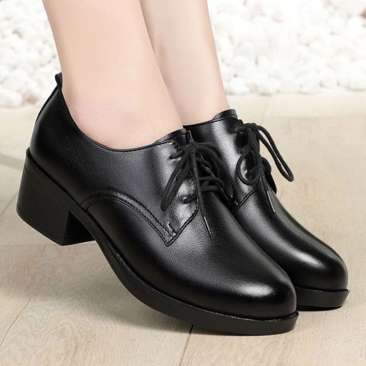 New Women's Mid-heel All-match British-style Small Leather Shoes