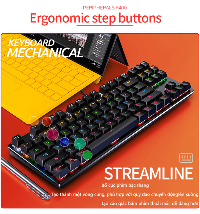 Bàn phím cơ blueswitch k400, keycap nổi, led RGB trong suốt, bàn phím ...