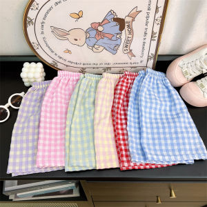 กางเกงขาสั้นลายสก็อตฤดูร้อนสำหรับเด็ก เด็กชายและเด็กหญิง ชุดนอนบาง กางเกงขาสั้นหลวมๆ สบายๆ145