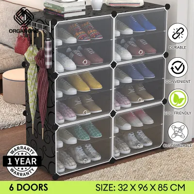 Organono DIY Customizable BLACK Clear Doors Heavy Duty Shoe Rack Stackable Organizer Storage Space Saver Cabinet - Removable Layer