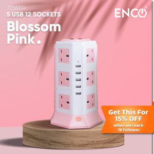 Enco TP-VA5U12K (DD-5U12K) )Vertical Tower Extension 12 Way Gang Socket UK Plug Adapter Power Strip with 5 USB Port 2M - White Pink 2M SIRIM APPROVED