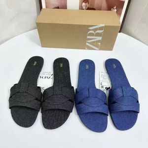 ZA-RA Black/blue 2025 autumn new flat-bottomed cool slippers womens fashion denim fabric one-word drag versatile flat-bottomed slippers