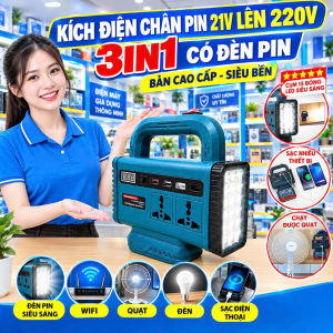 Kích Điện Từ Pin 21V Lên 220V Chạy Quạt Bóng Đèn - Bộ Chuyển Đổi 3In1 Kèm Đèn Pin Soi Cầm Tay Cao Cấp