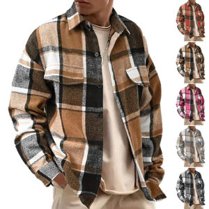 Mens Elegant Collar Plaid Shirt - Retro Brushed Casual Long-Sleeve Outerwear for Amazon & Temu US/EU Cross-Border Sales