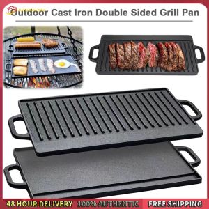 Winnereco Iron Griddle Plate Double Sided Grill Pan with Double Handles Griddle Pan for Steaks Broil Bread Eggs Pancakes Vegetables