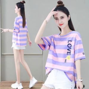 H W shop เสื้อยืดแฟชั่นผู้หญิงลายทางแขนสั้นคอกลม เนื้อผ้าดีใส่สบาย! New Fashion womens #HAN SY SOCIETY