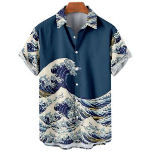 ZEEMIN  Retro Ocean Wave 3d Printing Mens Hawaiian Shirts Casual Fashion Summer Mens Shirts Plus Size Short Sleeves Lapel Loose Tops
