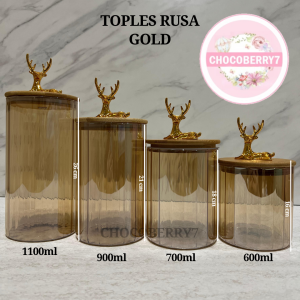 Chocoberry7 Toples Kaca Set 4 Pcs Toples Rusa Gold Premium Toples Tutup Bambu Kedap Udara Toples Kue Lebaran Hampers dengan Box Warna