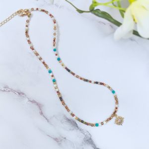 Ready Stock SG - Handmade Sun with Earth Picasso Jasper Turquoise Gold Zircon Crystal Necklace Handmade Natural Healing Crystal Necklaces