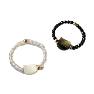 2pcs Miniature Black White Cats Rings Natural Moonstone Obsidian Rings Party Accessories for Everyday Wear