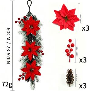 Christmas Stair Decoration Artificial Pine Branches Poinsettia Berry Pinecone Wreath Suitable for Staircase Mantelpiece Door and Wall Holiday Decorations