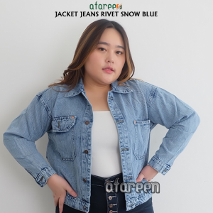 AFAREEN - Jaket Denim Wanita Oversize Plus Size dengan Kerah U Kapas Open-Thread