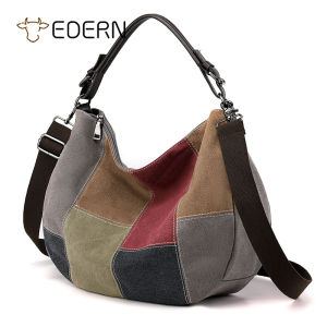 EDERN 2025 ใหม่ย้อนยุคเย็บปะติดปะต่อกันผ้าใบกระเป๋าสะพายสำหรับผู้หญิงแฟชั่นกระเป๋าถือสุภาพสตรีความจุขนาดใหญ่ของผู้หญิงกระเป๋าสะพายข้าง Hobo Bag