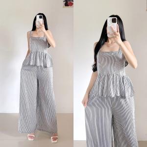 Sunny&Co Chalis Stripes Casual Terno Peplum top and wide-leg trousers with pockets