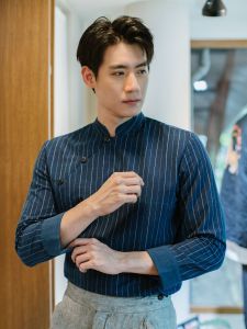 (JUN) Hanfu Shirt เสื้อเชิ้ตผู้ชายฮั่นฝู สีกรมลายทาง