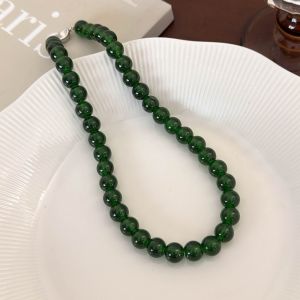 LUXELU Round Green Beads Necklace 4 6 8 10mm Glass Collarbone Chain Toggle Clasp Choker Necklace Women