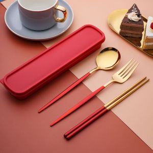Set Alat Makan Korea Stainless Steel Anti Karat Warna-Warni dengan Kotak Penyimpanan