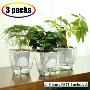 Self Watering Planter Pots Clear Plastic Automatic-Watering Planter Flower Pot Square Plant Pot for All House Plants Succulents Herb (3 Packs)