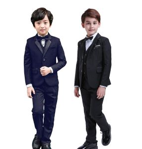 lontakids 5Pcs Kids Boys Black Navy Blue Tuxedo Set Classic Wedding Attire Ring Bearer Outfits (Jacket+Pants+Vest+Clip-on Suspenders+ Bow Tie) Childrens Formal Birthday Party Wear Toddler Blazer Suit for Prom and Piano Performance