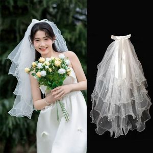 THANKSKY ชั้นสี่ ผ้าคลุมหน้าเจ้าสาว ริบบิ้นโบว์ไข่มุก ทูลล์นุ่ม ผ้ากอซสำหรับเจ้าสาว สง่างาม โค้งงอ ผ้าคลุมหน้างานแต่งงาน ของตกแต่งเจ้าสาว