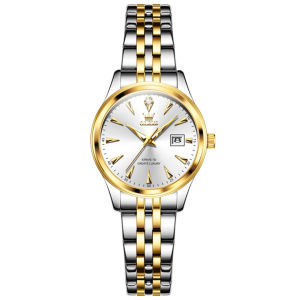 OLEVS 5598 Women Quartz Fashion Watch Gift Round-dial Stainless Steel Watchband Wristwatch Calendar Luminous