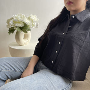 OLIN l Kemeja Crop Linen Pocket l Oversize Shirt Wanita l Outer Pendek Linen l Kemeja Kantor