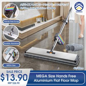 ODOROKU 40/50cm Aluminum Hands-Free Self-Wringing Flat Mop with Microfiber Cloth 7-Layer Scraper 360° Convenient Cleaning Squeegee Extended Long Stainless Steel Handle Clean Sewage Hair Dirt Debris Floor Mop Dust Mop Washable Mop Pads