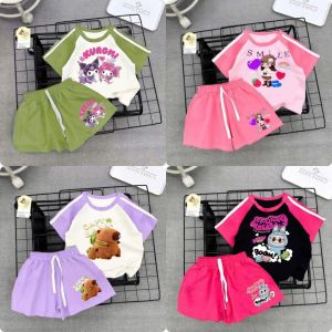 Combo 4 Bộ Cho Bé Gái Labubu Phối Kẻ Tay Quần Cộc Size 10-55kg Logo 5D