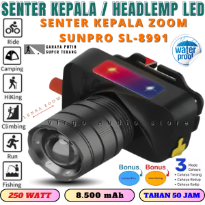 Headlamp / Senter Kepala Zoom Sunpro Sl-8991 250w / Sl-9981 200w | Senter Kepala Led Cahaya Super Terang Anti Air Waterproof Free Lensa Kuning Dan Biru Bisa Di Cas Usb Type C Tahan Sampai 50 Jam { Bisa Cod ]