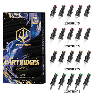 POSEIDON V5 Tattoo Needles Cartridge 20Pcs/Box Mix Size 0.35mm Tattoo Needles Tubes Set #12 Standard Assorted Disposable for Tattoo Machine Tattoo Pen