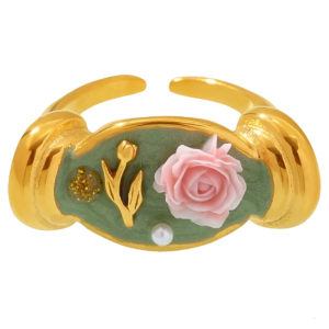 Adjustable Open Rose Design Pearls Enamel Ring Sturdy Stainless Steel Open Band Floral For Women