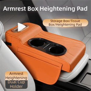 SUNNY BAR PU Leather Car Center Armrest Box Adjustable 2 Cup Holder Vehicle Armrest Cushion Durable Construction Non-slip Auto Armrest Cover Mat Auto Accessories