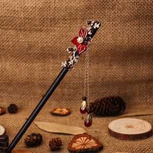Her Lab Jewelry | Antique hairpins with tassels ebony wood hairpins Hotan jade vintage women’s wooden hairpins multiple choices of pearl flower hairpins updo cheongsam Hanfu accessories