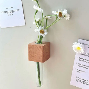Magnetic Vase for Refrigerator Wooden Fridge Magnet Planters with Glass Tubes Decoration Holder for Home Kitchen Decor