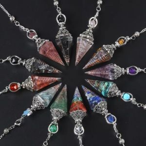 SWEET TIM Hexagonal Cone Natural Chips Pendulums Dowsing Yoga Pendant Crystal Pendulum Home Decorations Amethysts Witchcraft Pendulo Women