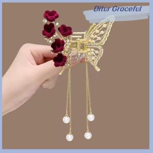 Ditur Exquisite Rhinestone Butterfly Fringe Hair Claw Clips Korean New Ponytail Braid Hairpin Girl Crab Metal Headdress Gift