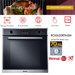 RINNAI RO-E6208TA-EM 70lt EXTRA LARGE CAPACITY ELECTRIC OVEN WITH OVERALL DIMENSION W594 x D568 x H594mm